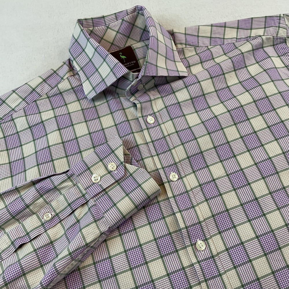 Tailorbyrd‎ Shirt Mens Large Plaid Purple Green Button Front Long Sleeve Cotton